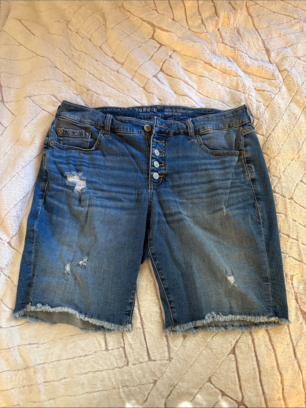torrid Distressed Button-Fly Denim Bermuda Shorts - Blue